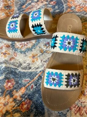 Corkys Crochet Double Strap Sandals in Turquoise, Blue, Purple on Cream